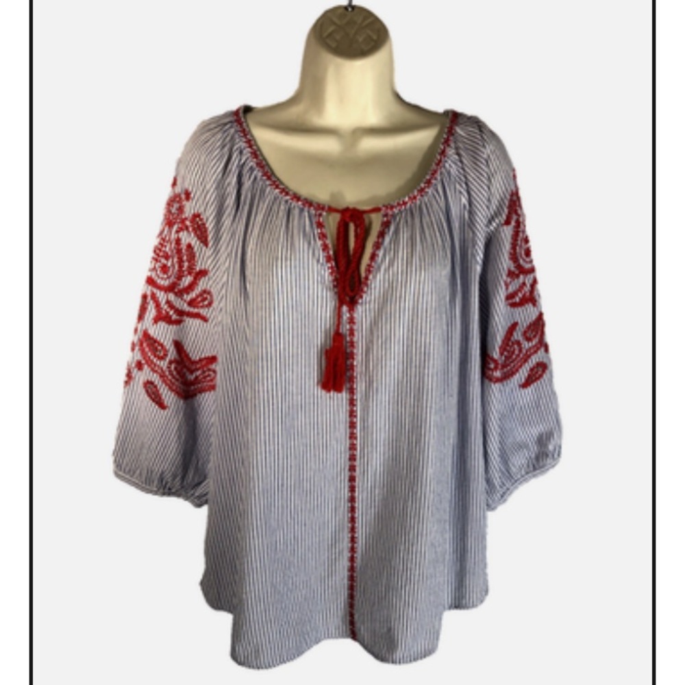 Solitaire Peasant top sz XL Embroidered Beaded Blue White Pin Stripe Ticking